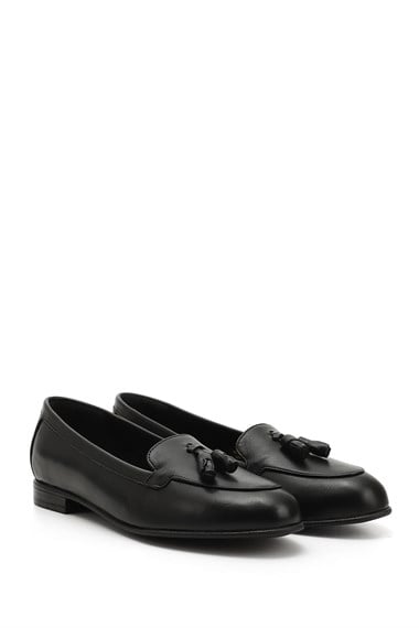 Womens Black Tassel Genuine Leather Ballerinas