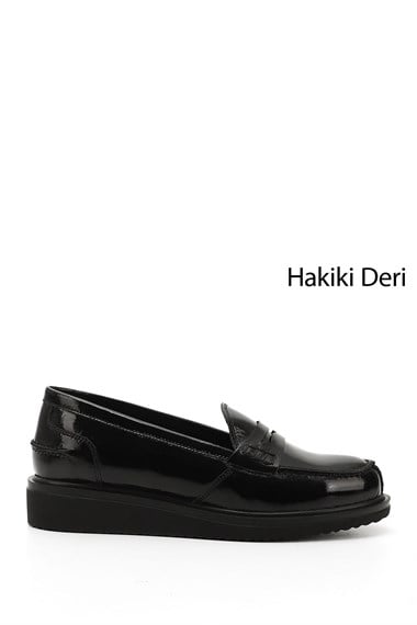 Kadın Siyah Rugan Dolgu Taban Hakiki Deri Loafer Ayakkabı