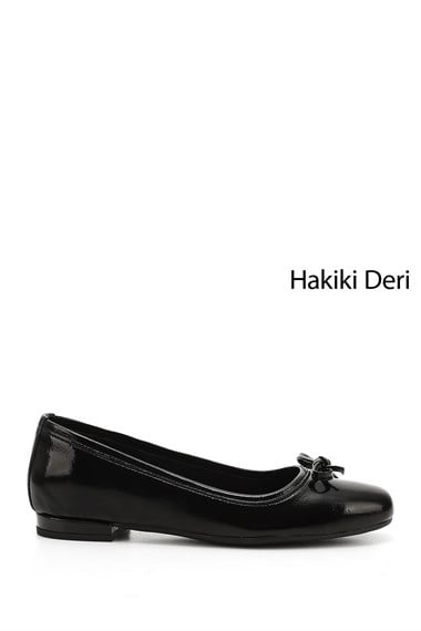 Kadın Siyah Rugan Fiyonklu Hakiki Deri Babet