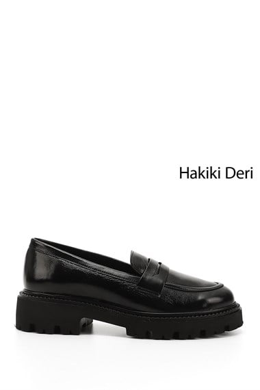 Kadın Siyah Rugan Kalın Topuklu Hakiki Deri Loafer Ayakkabı