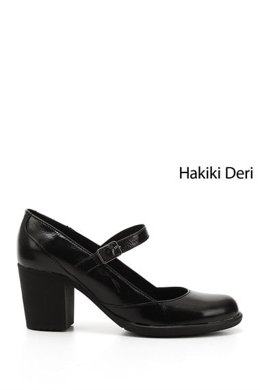 Kadın Siyah Rugan Kalın Topuklu Mary Jane Hakiki Deri Ayakkabı