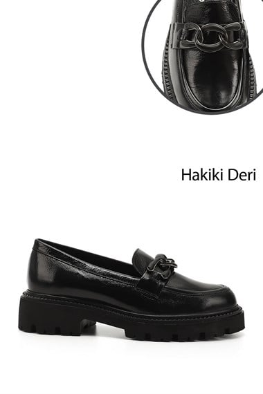 Kadın Siyah Rugan Kalın Topuklu Tokalı Hakiki Deri Loafer Ayakkabı