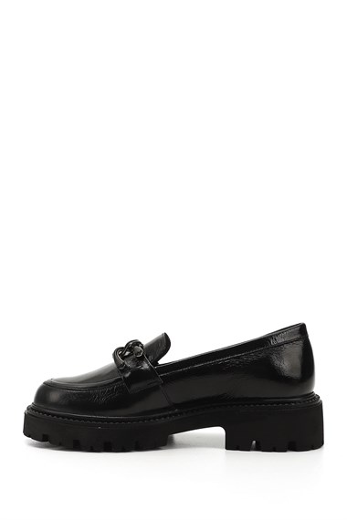 Women’s Black Patent Thick Heeled Buckled Genuine Leather Loafer Shoes