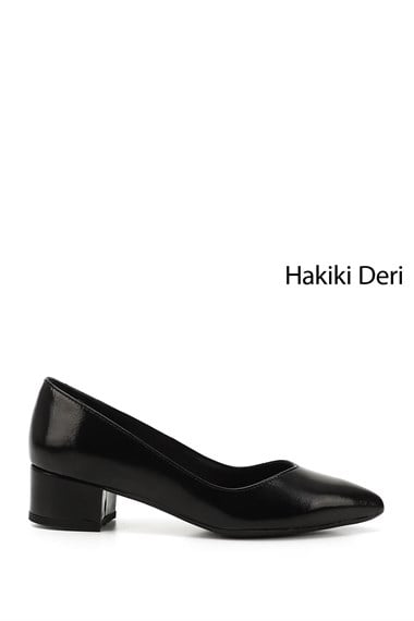 Kadın Siyah Rugan Kısa Kalın Topuklu Hakiki Deri Ayakkabı