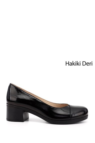 Kadın Siyah Rugan Kısa Kalın Topuklu Hakiki Deri Ayakkabı