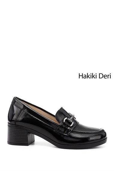 Kadın Siyah Rugan Kısa Kalın Topuklu  Hakiki Deri Ayakkabı