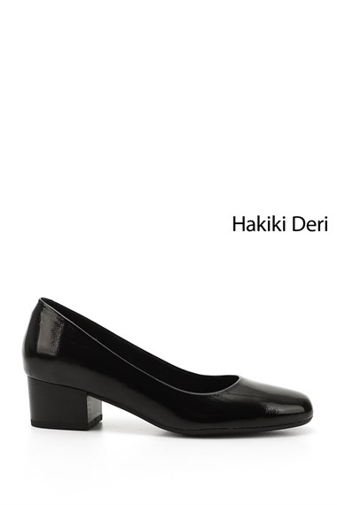 Kadın Siyah Rugan Kısa Kalın Topuklu Hakiki Deri Ayakkabı