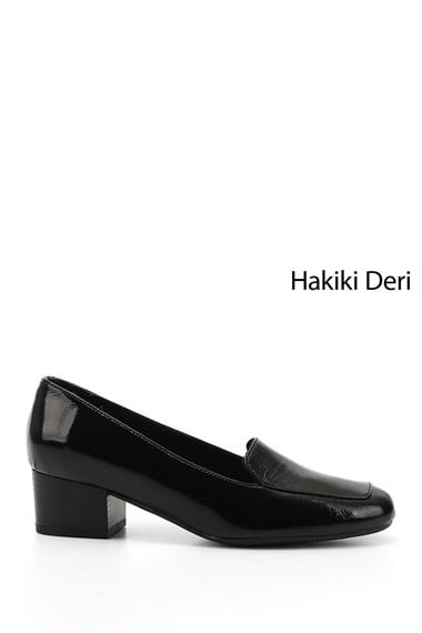 Kadın Siyah Rugan Küt Burun Kısa Kalın Topuklu Hakiki Deri Ayakkabı