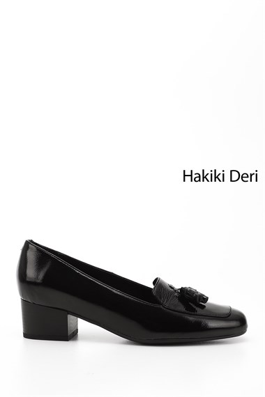 Kadın Siyah Rugan Küt Burun Kısa Kalın Topuklu Hakiki Deri Ayakkabı