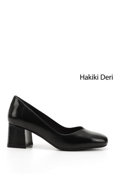 Kadın Siyah Rugan Küt Burun Orta Kalın Topuklu Hakiki Deri Ayakkabı