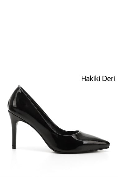 Kadın Siyah Rugan Platinum Sivri Burun İnce Topuklu Hakiki Deri Stiletto