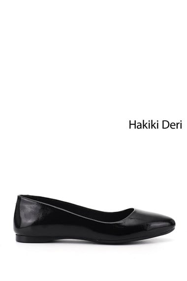 Kadın Siyah Rugan Sivri Burun Düz Taban Hakiki Deri Babet