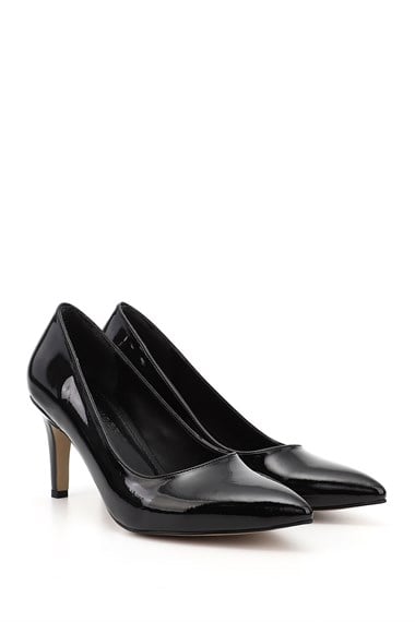 Kadın Siyah Rugan Sivri Burun İnce Ökçe Topuklu Stiletto