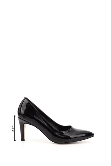 Kadın Siyah Rugan Sivri Burun İnce Ökçe Topuklu Stiletto