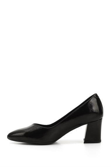 Kadın Siyah Rugan Sivri Burun Orta Kalın Topuklu Hakiki Deri Ayakkabı