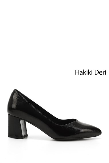 Womens Black Patent Leather Pointed Toe Medium Thick Heel Genuine Leather Shoes