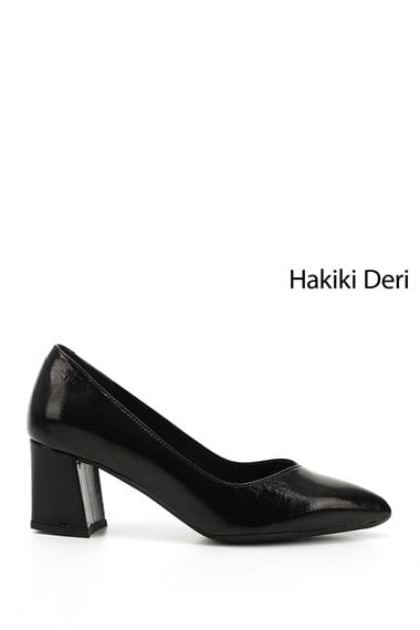 Kadın Siyah Rugan Sivri Burun Orta Kalın Topuklu Hakiki Deri Ayakkabı