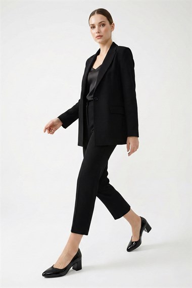 Womens Black Patent Leather Pointed Toe Medium Thick Heel Genuine Leather Shoes