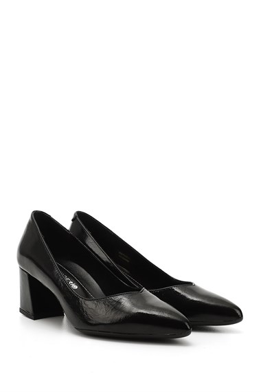Womens Black Patent Leather Pointed Toe Medium Thick Heel Genuine Leather Shoes