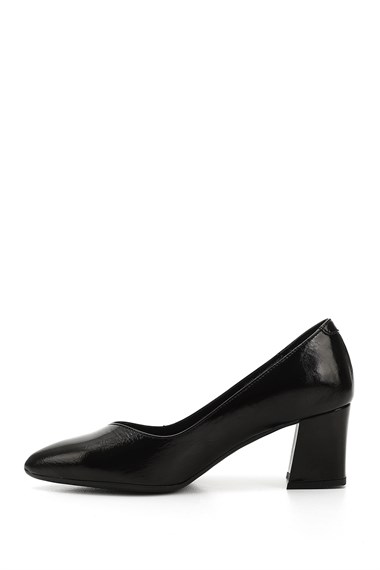 Womens Black Patent Leather Pointed Toe Medium Thick Heel Genuine Leather Shoes
