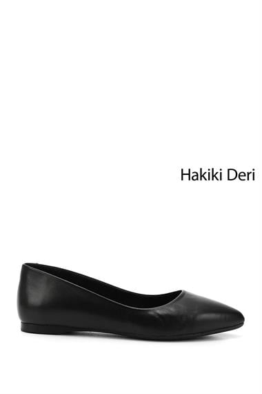 Kadın Siyah Sivri Burun Düz Taban Hakiki Deri Babet