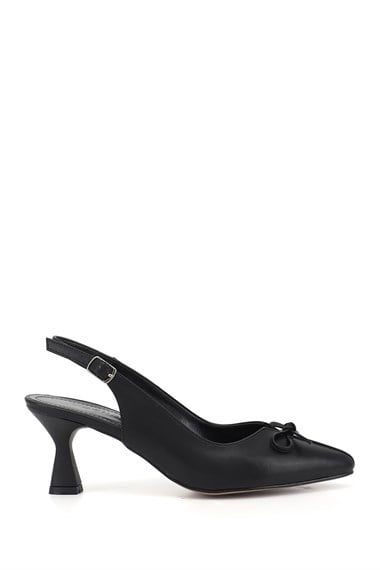 Womens Black Pointed Toe Goblet Heel Bow Slingback Shoes