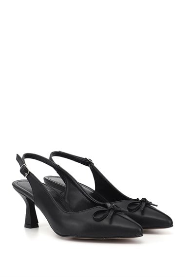 Womens Black Pointed Toe Goblet Heel Bow Slingback Shoes