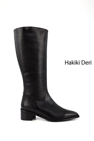 Kadın Siyah Sivri Burun Kalın Topuklu Hakiki Deri Çizme
