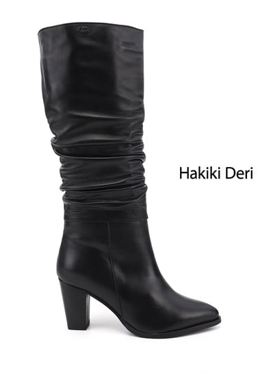 Kadın Siyah Sivri Burun Kalın Topuklu Hakiki Deri Çizme