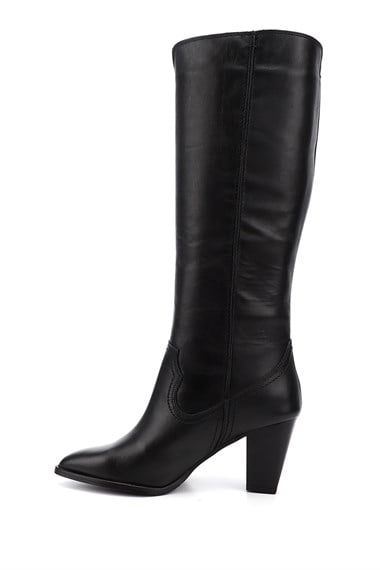 Kadın Siyah Sivri Burun Kalın Topuklu Hakiki Deri Çizme