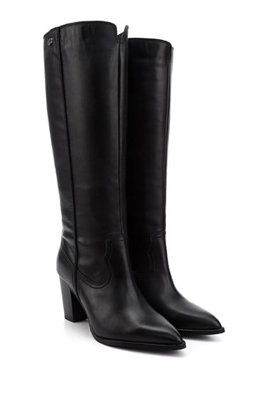 Womens Black Pointed Toe Thick Heel Genuine Leather Boots