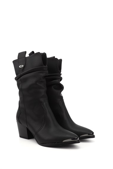 Womens Black Pointed Toe Chunky Heel Cowboy Boots