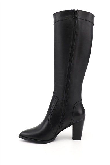 Womens Black Pointed Toe Thick Heeled Genuine Leather High Boots