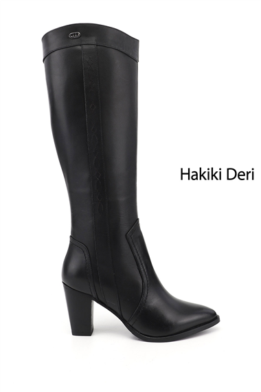 Womens Black Pointed Toe Thick Heeled Genuine Leather High Boots