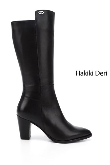 Kadın Siyah Sivri Burun Kalın Topuklu Hakiki Deri Çizme