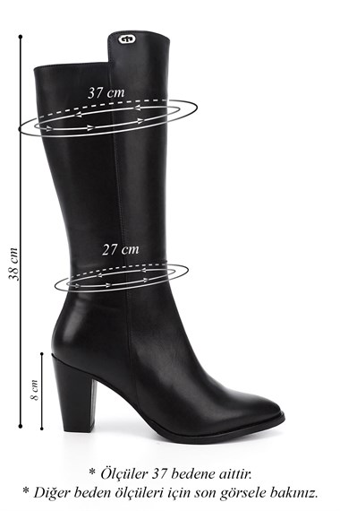 Kadın Siyah Sivri Burun Kalın Topuklu Hakiki Deri Çizme