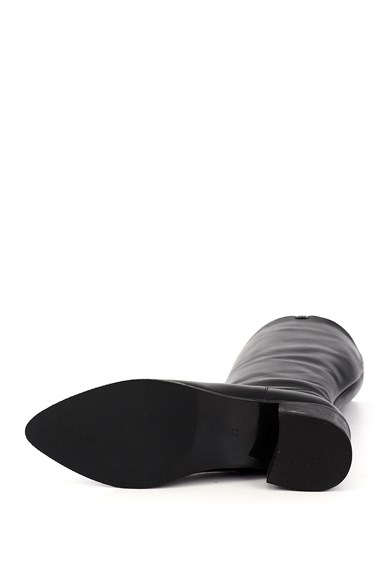 Kadın Siyah Sivri Burun Kalın Topuklu Hakiki Deri Çizme