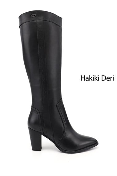 Kadın Siyah Sivri Burun Kalın Topuklu Hakiki Deri Çizme