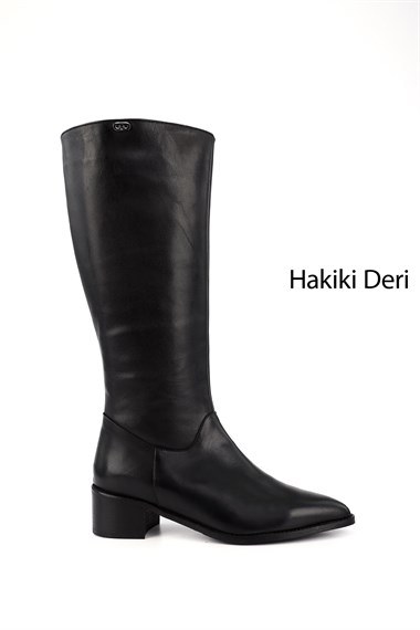 Kadın Siyah Sivri Burun Kalın Topuklu Hakiki Deri Çizme