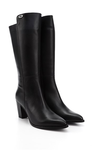 Kadın Siyah Sivri Burun Kalın Topuklu Hakiki Deri Çizme