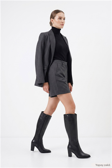 Womens Black Pointed Toe Thick Heeled Genuine Leather High Boots