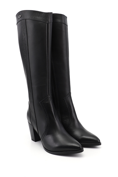 Womens Black Pointed Toe Thick Heeled Genuine Leather High Boots