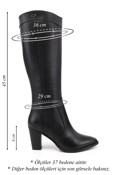 Womens Black Pointed Toe Thick Heeled Genuine Leather High Boots