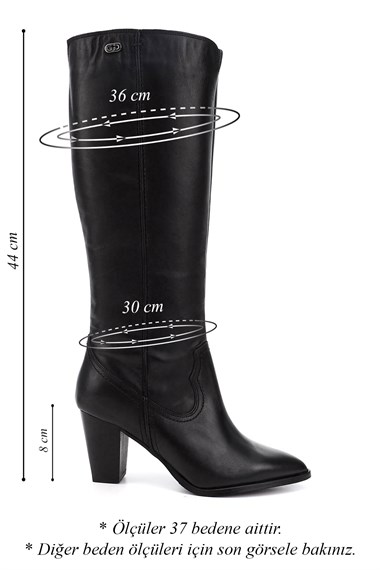 Kadın Siyah Sivri Burun Kalın Topuklu Hakiki Deri Çizme