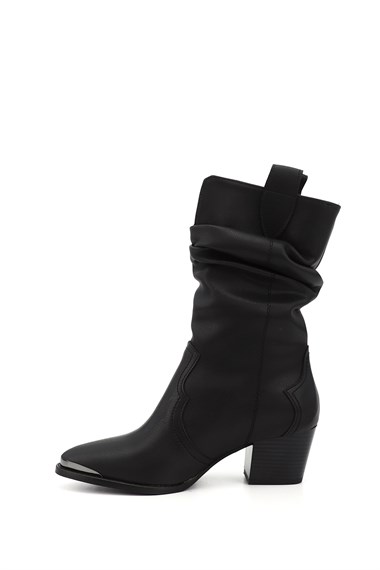 Womens Black Pointed Toe Chunky Heel Cowboy Boots
