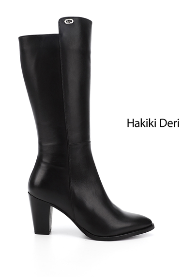 Kadın Siyah Sivri Burun Kalın Topuklu Hakiki Deri Çizme