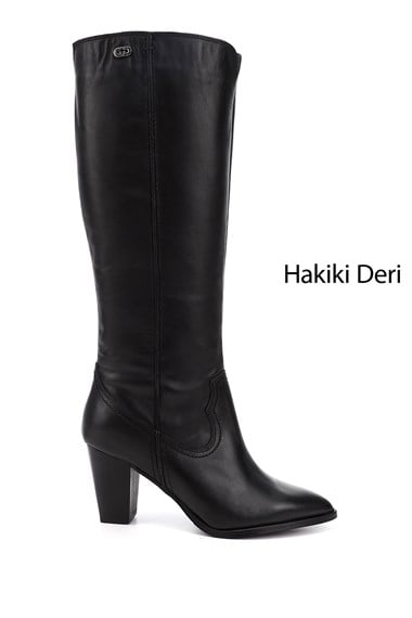 Kadın Siyah Sivri Burun Kalın Topuklu Hakiki Deri Çizme