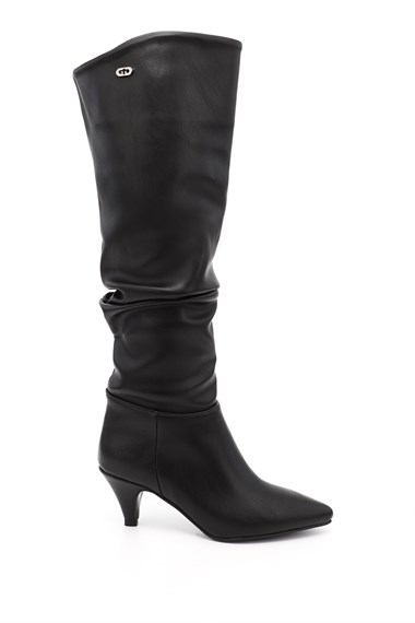 Womens Black Pointed Toe Bellows High-Heeled Boots