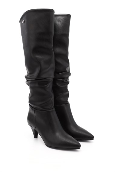 Womens Black Pointed Toe Bellows High-Heeled Boots