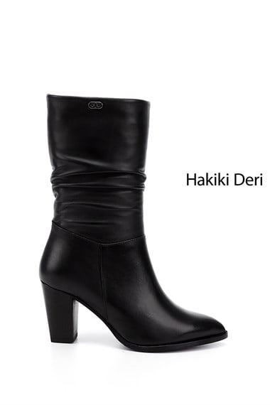 Kadın Siyah Sivri Burun Körüklü Kalın Topuklu Hakiki Deri Çizme